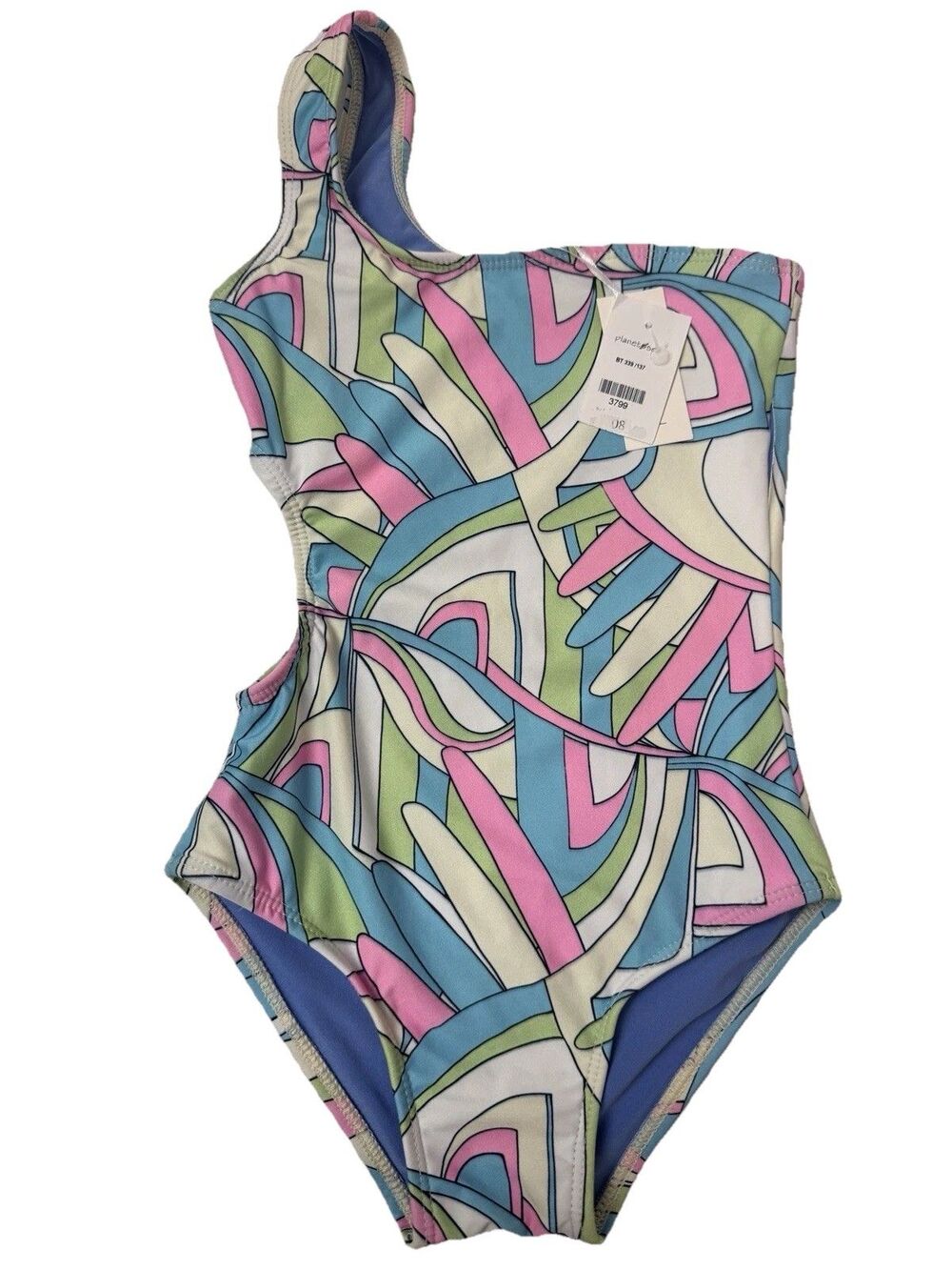 Planet Sea Swimsuit Girl 8Y One Shoulder Cutout Abstract Pink Blue One Piece New